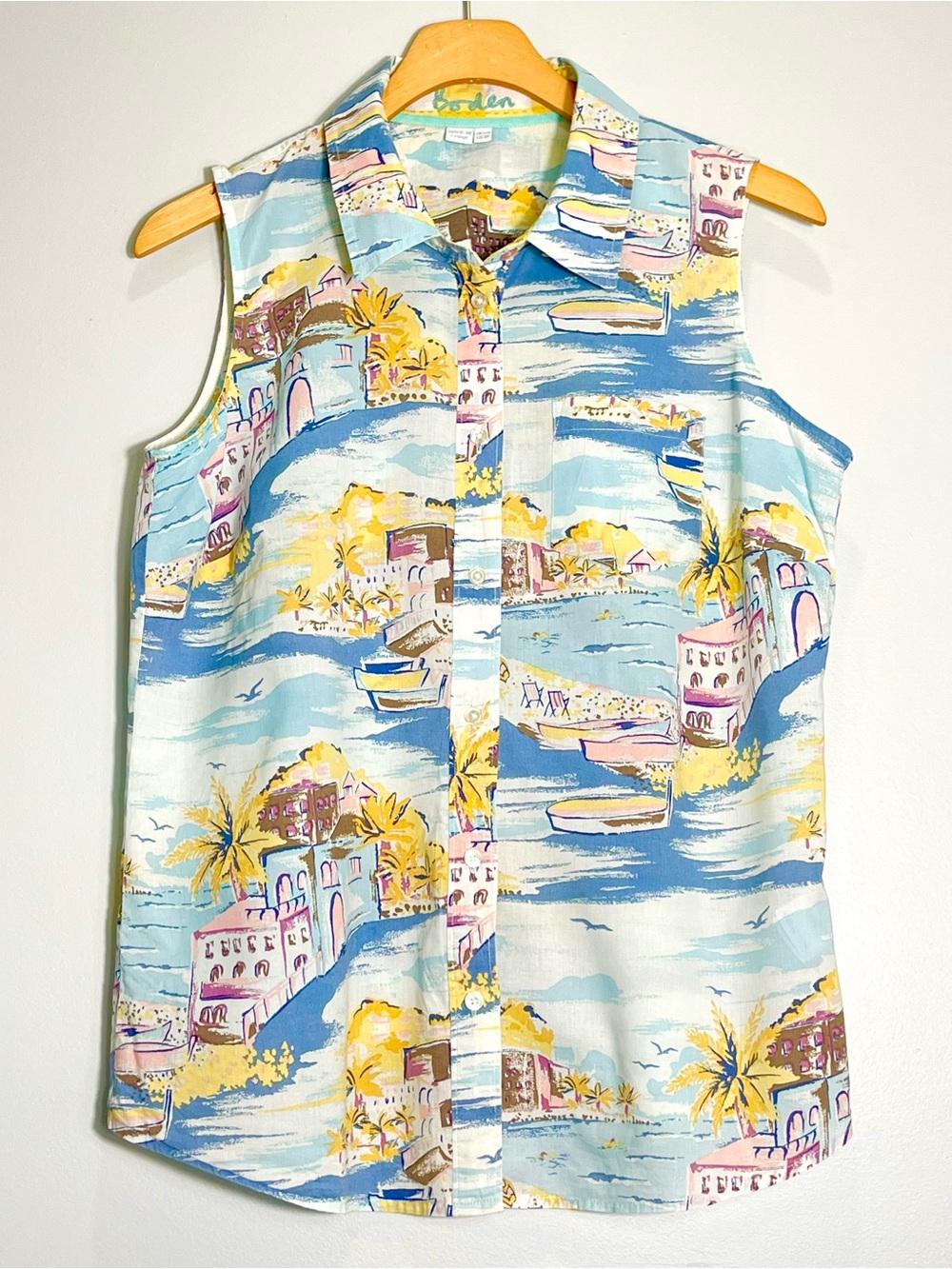 BODEN Resort Sleeveless Blouse Seaside Coastal Vacation Button Up Size 8R *Flaw*